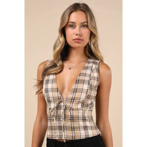 NWT - Lulus Adorably Demure Light Brown Plaid Sleeveless Bow Top - Size L